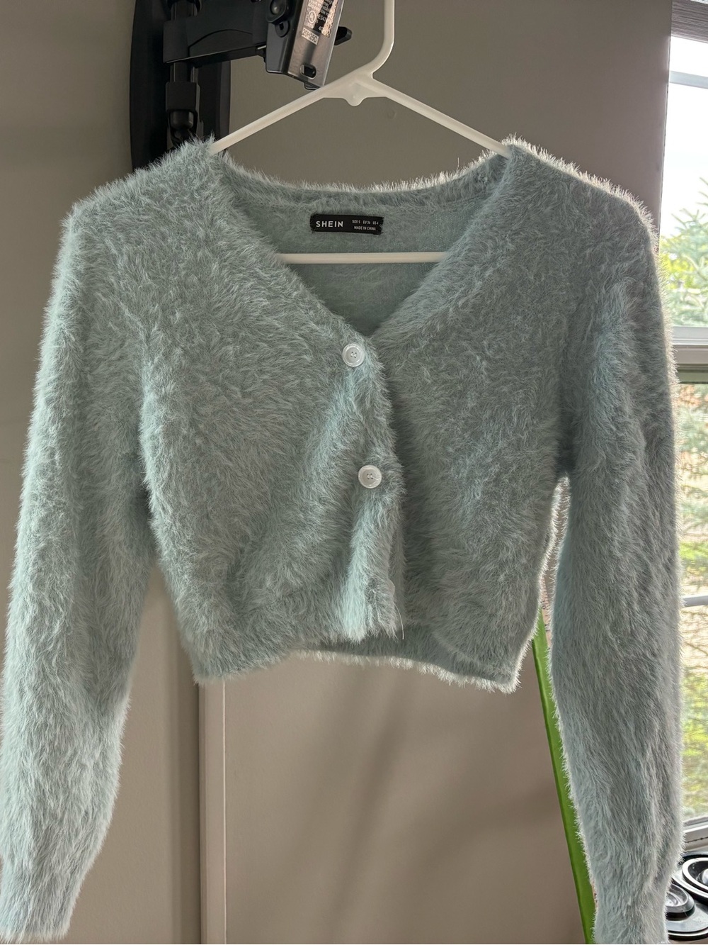 SHEIN Mint Fuzzy Cropped V‑Neck Cardigan